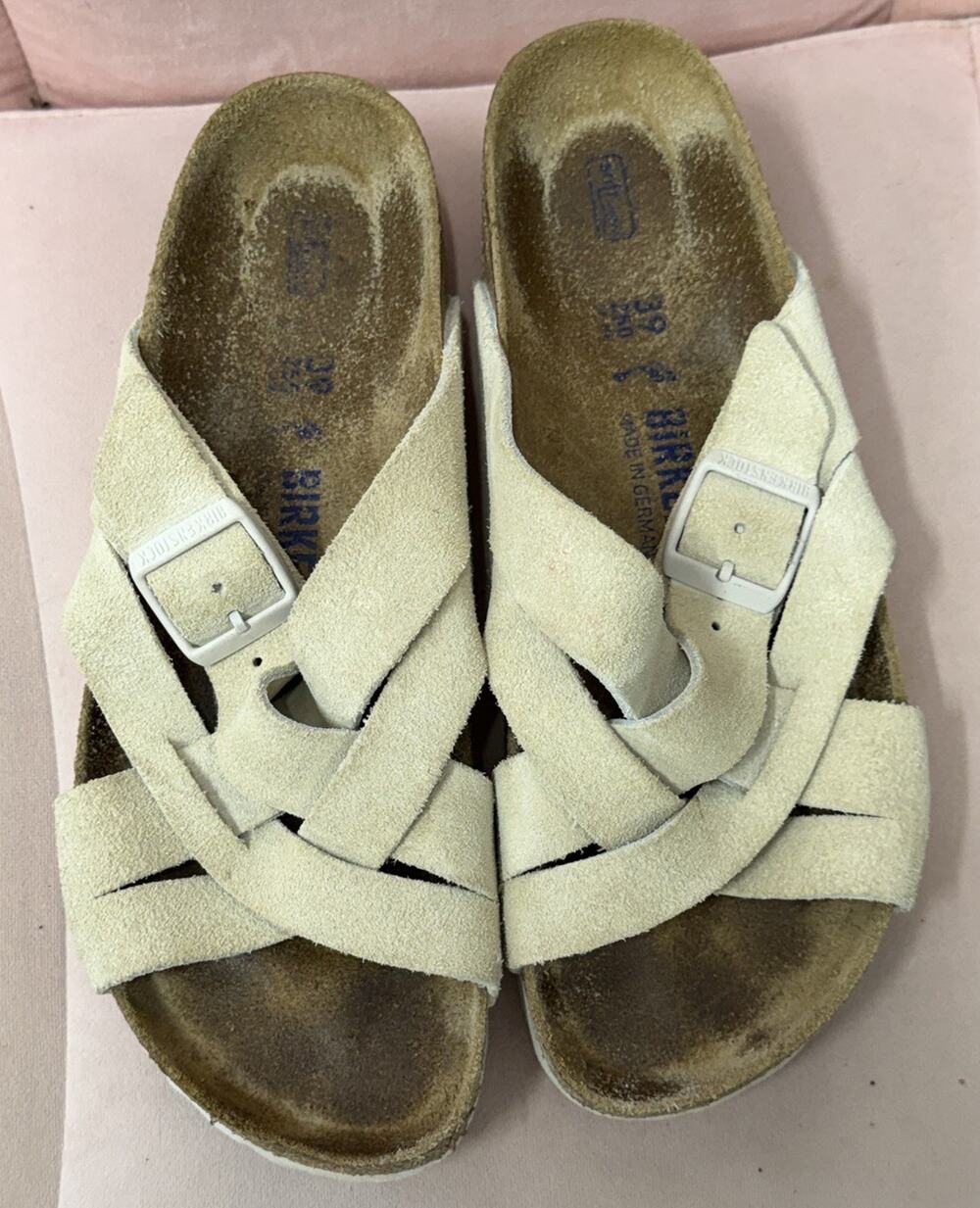BIRKENSTOCK Sandals Lugano Suede Soft Footbed Slides White 39
